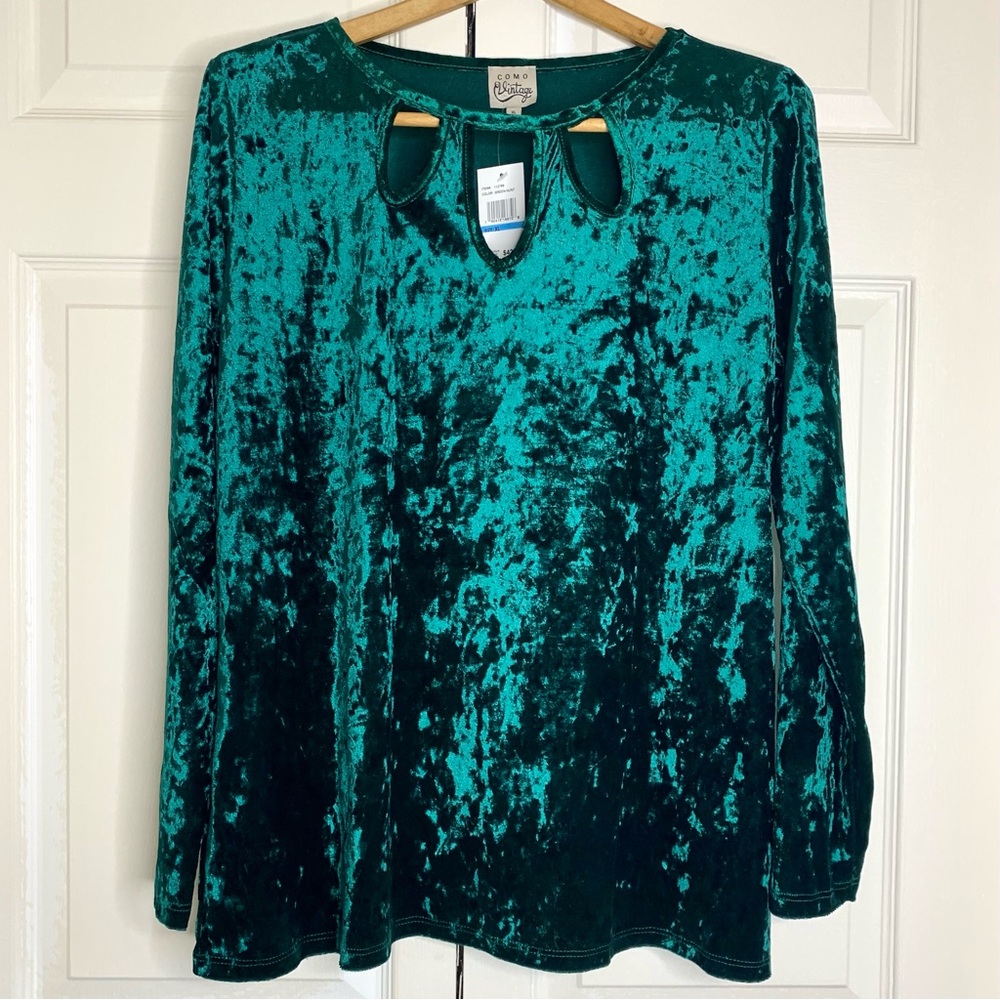 Green Crushed Velvet / Velour Long Sleeve Top XL Holiday Party Whimsigoth